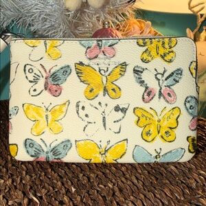 Coach White Leather Butterfly Print Wristlet with Yellow, Pink & Blue Accents